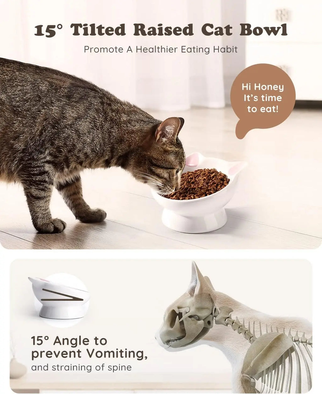 2-Piece Ceramic Raised Cat Food Bowl with 15° Tilt for Spine Health and Anti-Reflux Purposes. Pretty Darn Cute.