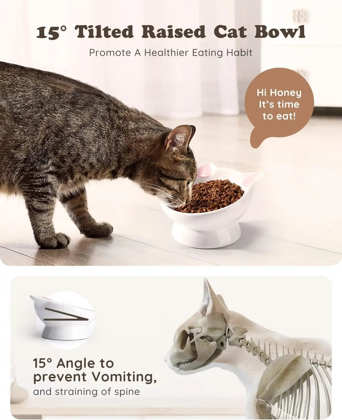 2-Piece Ceramic Raised Cat Food Bowl with 15° Tilt for Spine Health and Anti-Reflux Purposes. Pretty Darn Cute.
