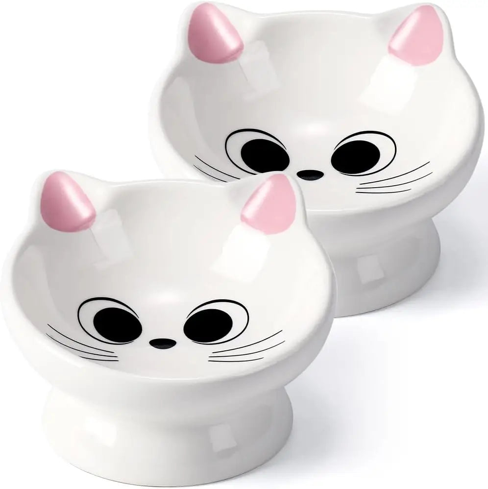 2-Piece Ceramic Raised Cat Food Bowl with 15° Tilt for Spine Health and Anti-Reflux Purposes. Pretty Darn Cute.