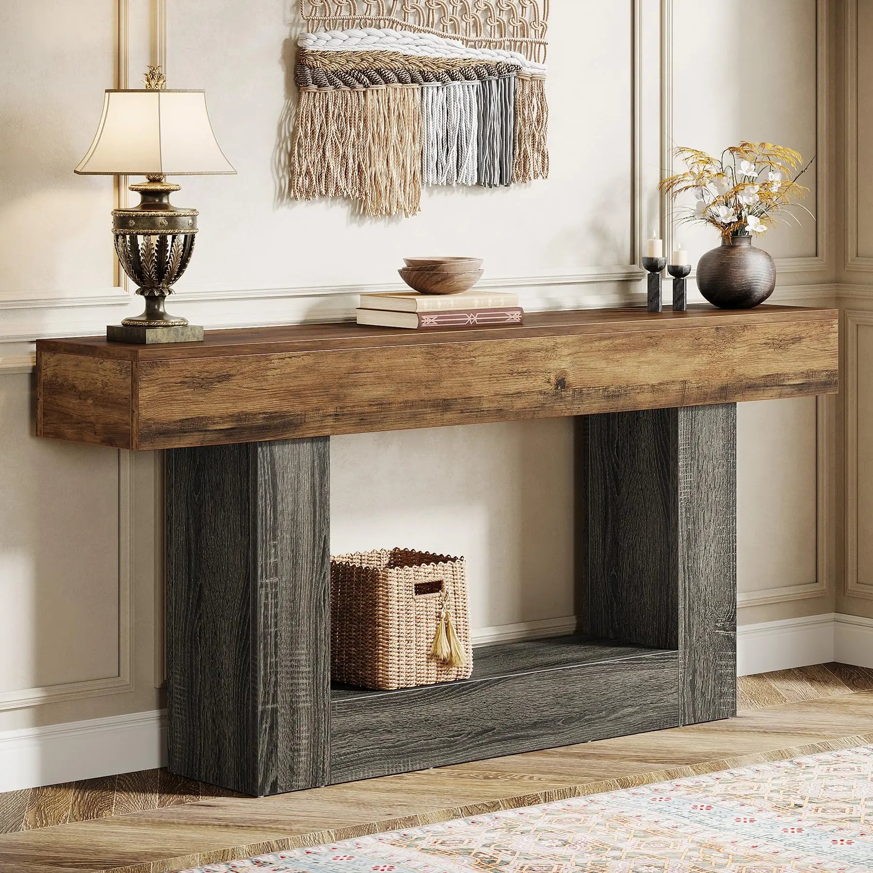 Modern  Farmhouse 2-Tier Entryway Table with U-Shaped Base, Narrow Long Wood Sofa Table. 63 inches tall.. Uniquely Stunning Design. Several finishes to choose from.