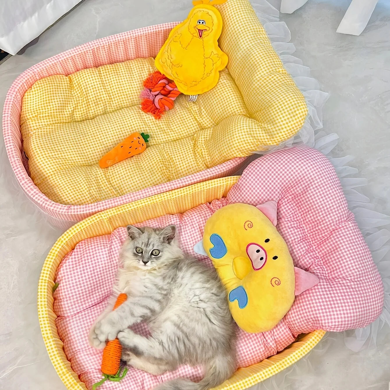 CUTENESS OVERLOAD!  Cute Lace-Trimmed Pet Bed.  Soft Polyester Plush Oval for Small Dogs/Cats, Easy Assembly Indoor Use