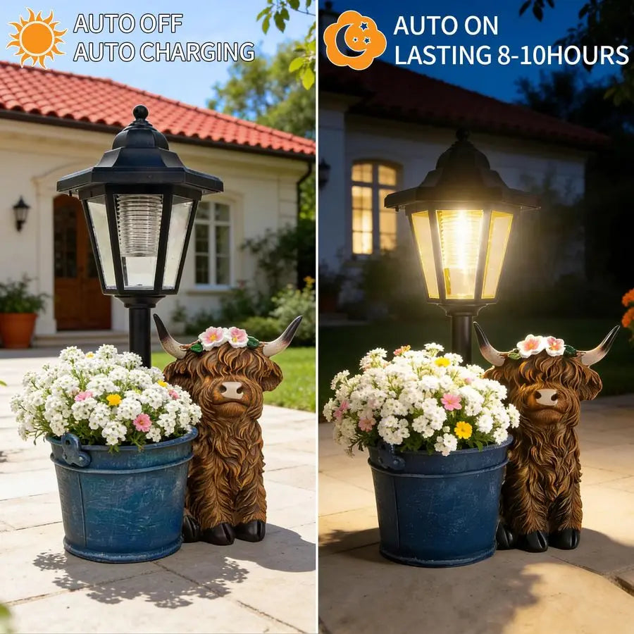 Solar Highland Cow Outdoor Statue, Garden Decor with Flowerpot and Lantern. Great Piece for the Patio and Yard.