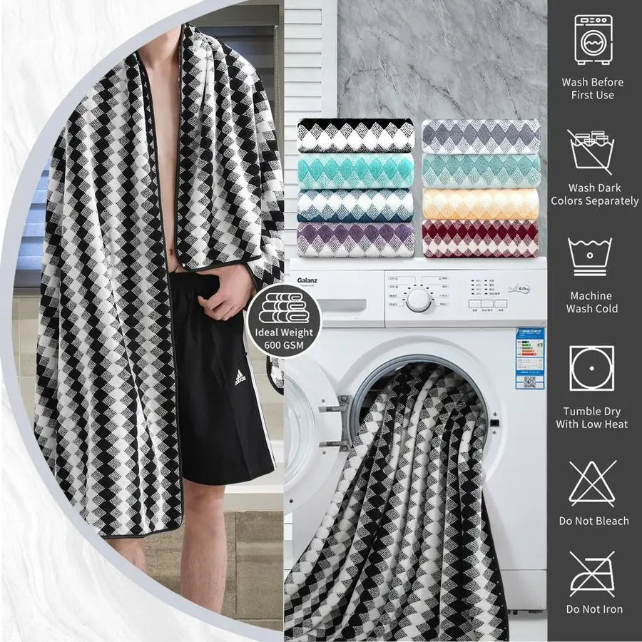 8 Piece Bathroom Towel Set Black White 2 Oversized Large Bath Towels, 2 Hand Towels. 4 Washcloths 600GSM Soft Towel Set. Striking Pattern.