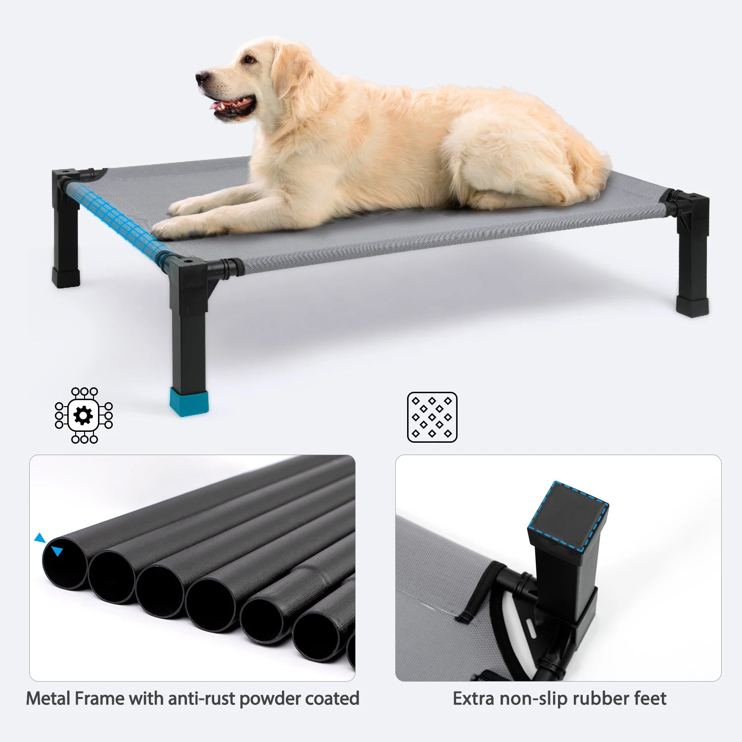 , Cooling Raised Pet Cot Bed with Chew Proof Washable Breathable Mesh and Metal Frame, Portable. Multiple Colors and Sizes to choose from.